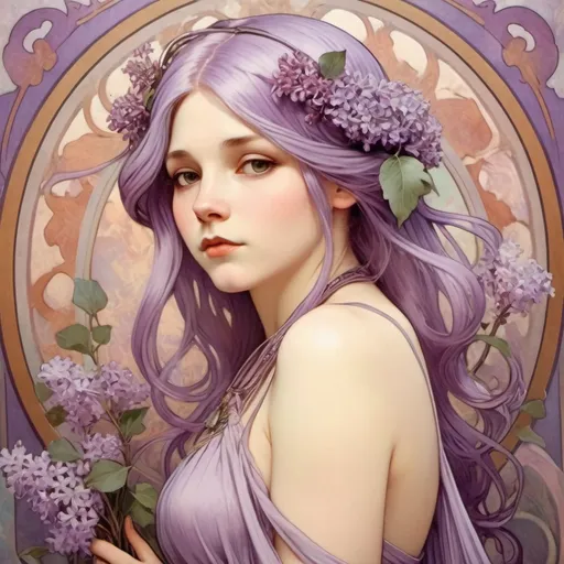Prompt: lilac color hair, lilac color dress, straight hair