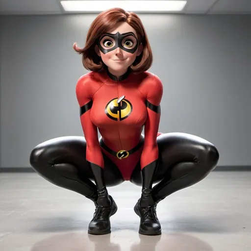 Prompt: elastigirl squatting with her legs slightly apart and her outfit tight