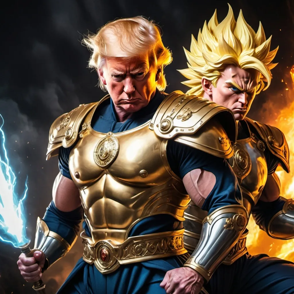 Prompt: Super Saiyan Donald Trump wearing armor and Super Saiyan Robert F Kennedy Jr. wearing armor.