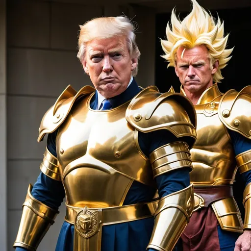 Prompt: Super Saiyan Donald Trump wearing armor and Super Saiyan Robert F Kennedy Jr. wearing armor.