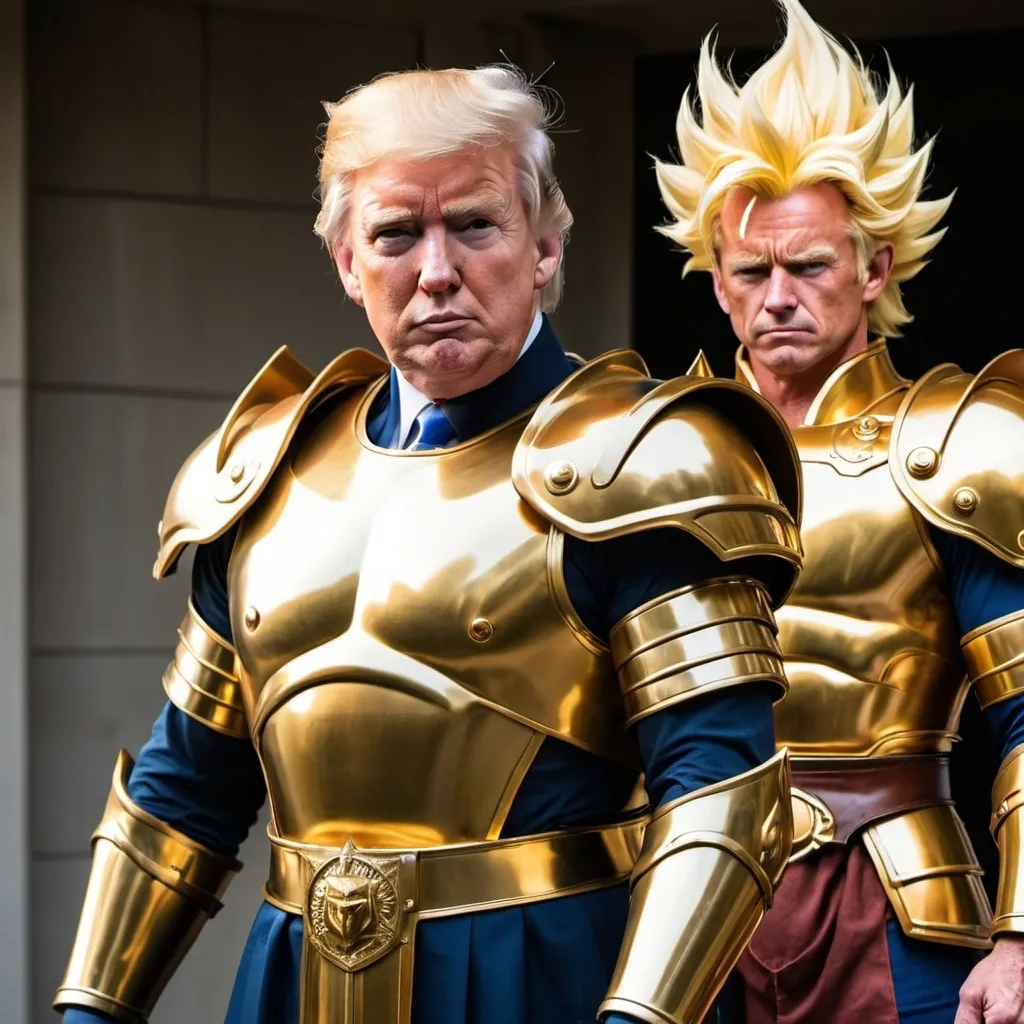 Prompt: Super Saiyan Donald Trump wearing armor and Super Saiyan Robert F Kennedy Jr. wearing armor.