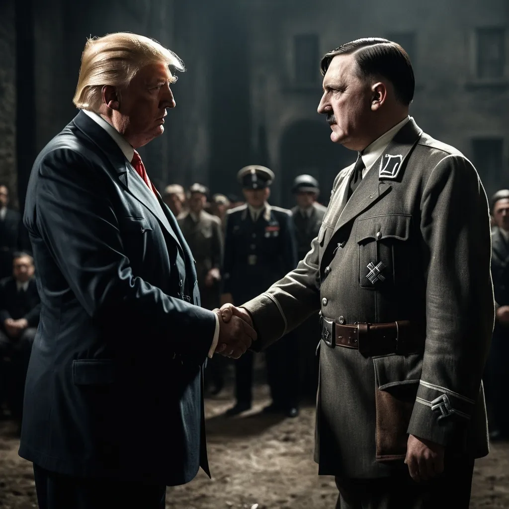 Prompt: Donald trump shaking hands with Adolf Hitler