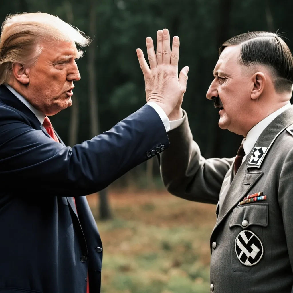 Prompt: Donald trump and Adolf Hitler giving each other a high five. 