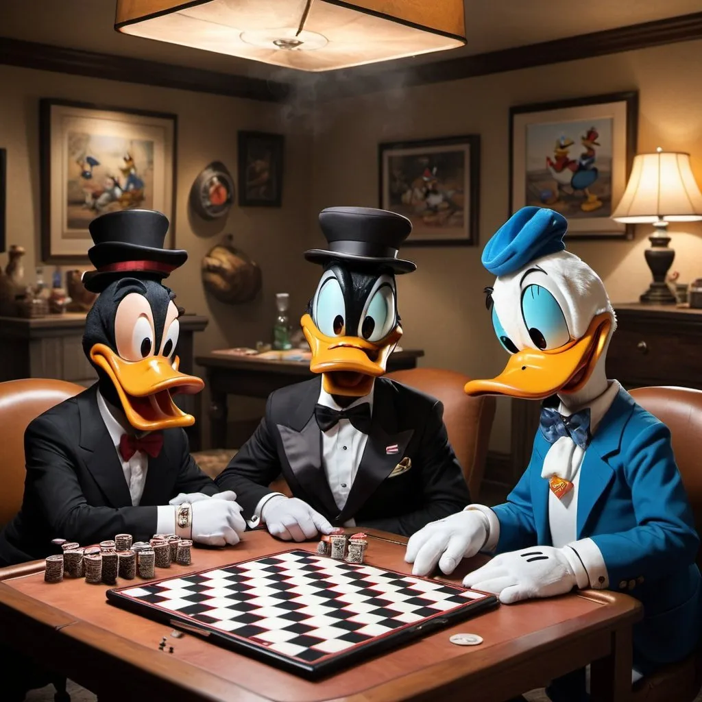 Prompt: Pau Gasol, Daffy Duck & Donald Duck all playing checkers in a man cave. They’re all smoking cigars & the setting of the man cave looks like they’re having a fun poker game. In the background, there’s an episode of Modern Family playing on the TV