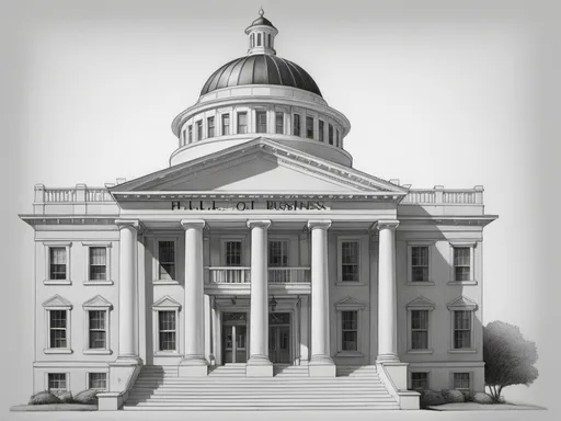 Prompt: (black and white) drawing of a house, (five shaded columns), prominently features a distinctive roof, roof text reads “College of Business,” each pillar displays individual labels: “Undergraduate programs,” “Graduate programs,” “Research,” “Ph.D.,” and “Executive Education,” highly detailed shading effects on pillars, clear personable composition, inviting academic ambiance, minimalist design aesthetic, outlines well-defined, crisp lines, educational theme.