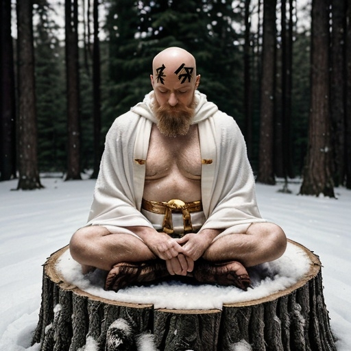 Prompt: Line art of a bald german man, with a short beard, in meditation, sitting on a stump, cross legged, wearing a white wizard robe that has gold futhark runes running along the edges. He is in the middle of a small clearing surrounded by trees. This is winter with snow on the ground.