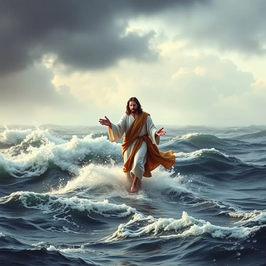 Prompt: esus walking on water. According to Matthew 14:22-33, Jesus confidently walked on stormy water, calming the terrified disciples. Craft a description that captures this powerful moment, emphasizing the stormy sea, Jesus