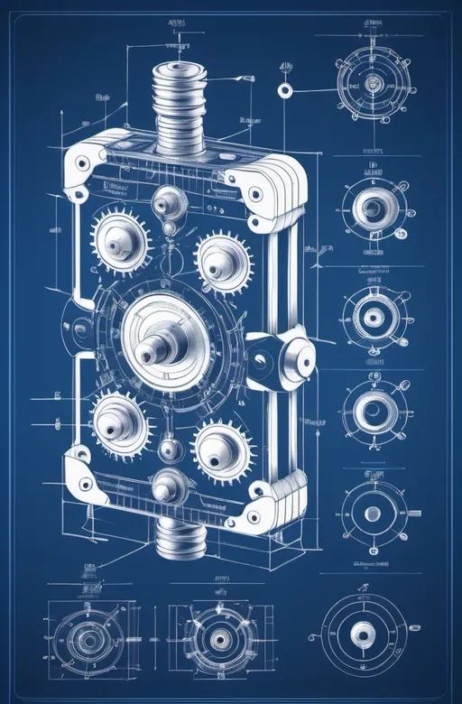 Prompt: A detailed blueprint of a new multi-axis mechanical device , with cranks , springs, barring,  switches, buttons and nobs, rectilinear,  multifaceted gadget with a power level indicator 