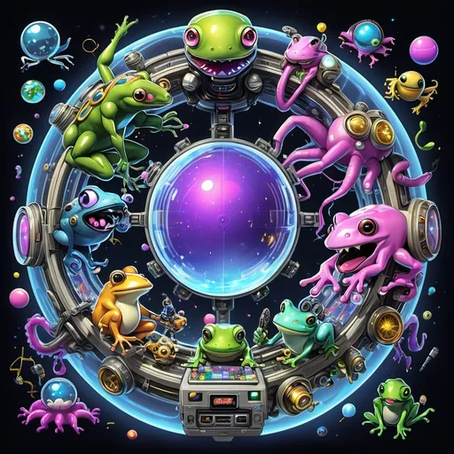 Prompt: Image set Ultimate Chrono-Sphere chaos:
**MAIN IMAGE:**
Cosmic Chrono-Sphere console glowing central hub surrounded by:
* Tadpole Molli riding inflatable unicorn orbiting console
* Cybernetic Molli hacking terminal on left, robotic frogs defending on right
* Frog Molli playing harmonica with octopus band on upper platform
* Tadpole Molli stuck in time loop eating flies on lower platform
* Neon-lit Molli surfing temporal waves behind console
Console displays universal timelines, galaxies, and celestial bodies – glowing buttons labeled:
* "RESET UNIVERSE"
* "TIME STREAM EDIT"
* "GALACTIC SYNC"
* "REALITY DISTORTION"
* "COSMIC OVERRIDE"
**BACKGROUND:**
Turbulent code streams crashing violently:
* Glitching green lines of code slashing across dark background
* Erratic pulses of blue light bursting like electrical surges
* Fragmented algorithms swirling like torn digital papers
* Crashing system alerts flashing red: "TEMPORAL INTEGRITY FAILURE"
* Disintegrating cybernetic fragments dissolving like sand
**SURROUNDING VIEWS:**
* **TOP VIEW:** Giant Chrono-Sphere dominating underwater scene above console, tadpole Molli riding inflatable unicorn circling.
* **FRONT VIEW:** Cybernetic Molli fighting robotic frogs inside Chrono-Sphere's glowing entrance below console.
* **SIDE VIEW:** Frog Molli playing harmonica with octopus band amidst temporal waves swirling around Chrono-Sphere's mid-section.
* **3/4 VIEW:** Tadpole Molli stuck in infinite loop of eating same bowl of flies near Chrono-Sphere's base, partially hidden behind console.
* **BOTTOM VIEW:** Neon-lit Molli surfing temporal vortex on cyberdeck briefcase, Chrono-Sphere looming large above water surface beneath entire scene.
* proprioception