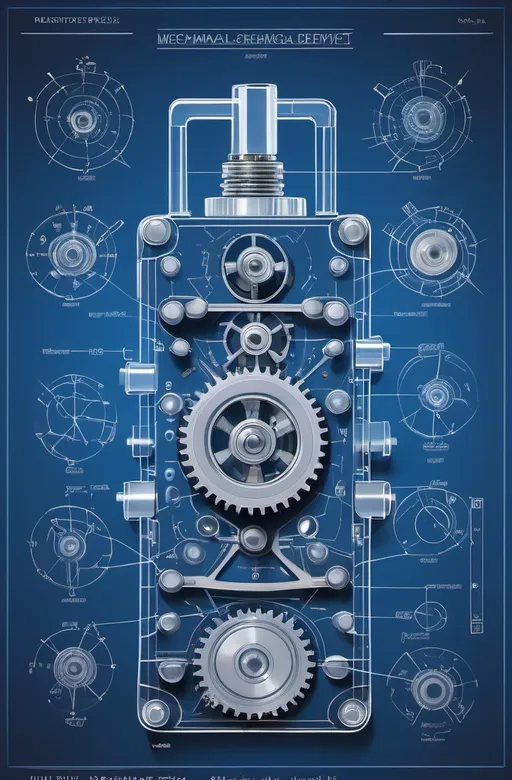 Prompt: A detailed blueprint of a new multi-axis mechanical device , with cranks , springs, barring,  switches, buttons and nobs, rectilinear,  multifaceted gadget with a power level indicator 