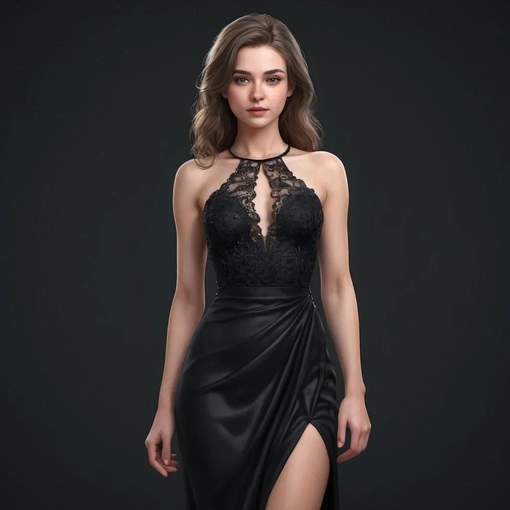 Prompt:  young woman wearing night black dress, detailed clothing, realistic,  