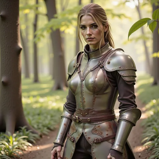 Prompt: (mymodel), (photorealistic) (high detail) standing confidently in a beautiful, medieval forest, clad in intricately detailed 15th-century leather armor that shows clear signs of wear and tear from battle, including scuffs, scratches, dents, faded colors, and torn edges. The armor has small punctures, faint burn marks, and frayed straps, Under dappled sunlight, vibrant green leaves framing the scene, ultra-detailed, cinematic quality, 