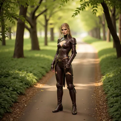 Prompt: (my model), (photorealistic) (high detail), 8k, standing confidently in a beautiful close-up, wearing ripped medieval leather armor, in an enchanted medieval forest under dappled sunlight, vibrant green leaves framing the scene, natural surroundings, ultra-detailed, cinematic quality, inviting exploration of this enchanting realm.