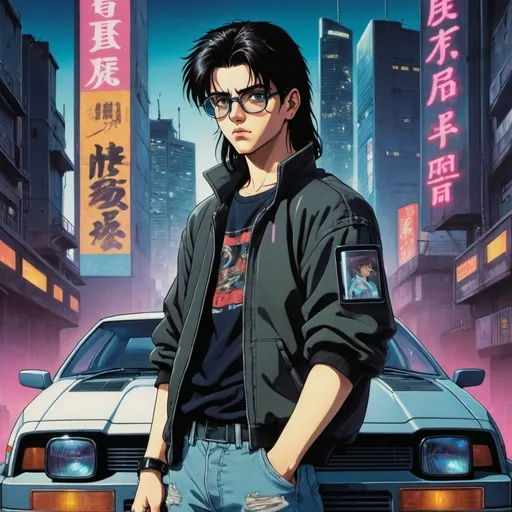 Prompt: 1990s anime movie poster, about teenage gangs in a grimy cyberpunk dystopia. The main character is a teenage boy. He is dark haired, with a mullet and glasses. Leaning against a retro futuristic car with a boombox in front of a city backdrop