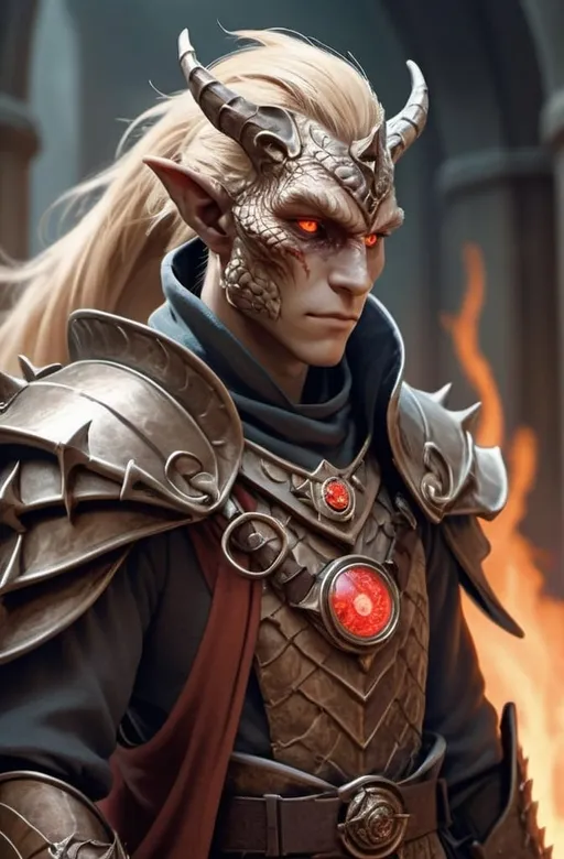 Prompt: Dragonborn male in wizard's cloak, fiery red eyes, blonde hair, 5ft 4" tall, bronze skin, high quality, fantasy, detailed scales, magical atmosphere, intense lighting, cool tones