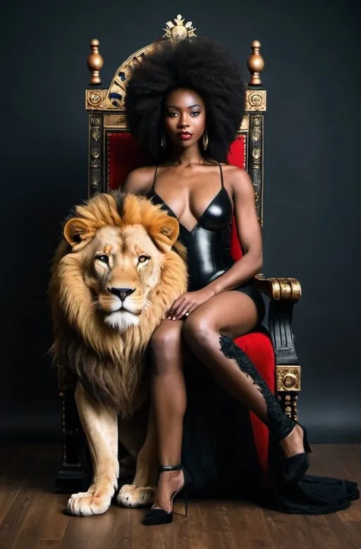 Prompt: Create a lion sitting next to a black queen on a throne. 