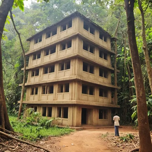 Prompt: Teen Manjil building Jo jungle mein khadi hai Charon Taraf Ghana Jungle Hai