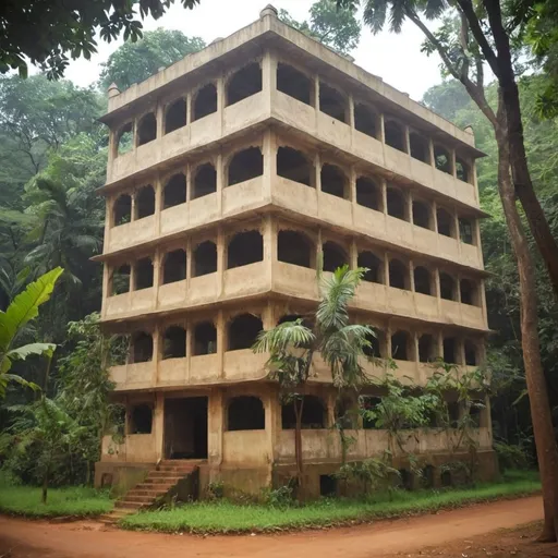 Prompt: Teen Manjil building Jo jungle mein khadi hai Charon Taraf Ghana Jungle Hai