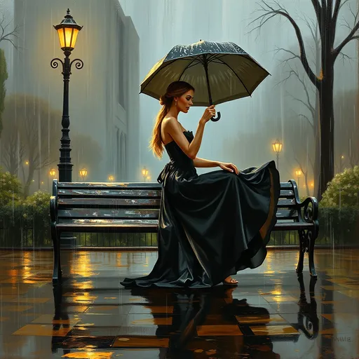 Prompt: A mesmerizing oil painting depicting a tall, elegant woman in a flowing black silk dress, seated on a wet bench beneath a dim, old street lamp in a rain-soaked park. With an air of mystique, she gracefully dances with an umbrella, its rich tones resonating through the damp air. The atmosphere is both enchanting and melancholic, with the rain-drenched landscape enhancing the emotional intensity of the scene.