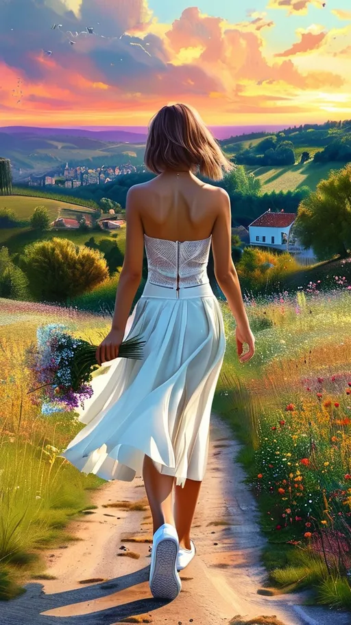 Prompt: 
Digital art Detailed High Resolution Hyper realistic painting of a stunning girl with   well blending and matching strapless top short dress, white tennis shoes holding a boutique of flowers and walking on country road In the background on the hill there is a village and a beautiful sunset .