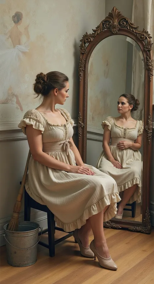 Prompt: Art Detailed, Watercolor, Of a woman in tattered rustic dress, hair disheveled holding a broom, old bucket next to her, sitting on a stool, in front of wall mirror in Victorian ballet studio.
Her reflection in mirror is the same child in beautiful ballet dress in graceful pose. dreamy Atmosphere, with Intricate details, Photographic Style: Real Portrait, tenderness, emotional