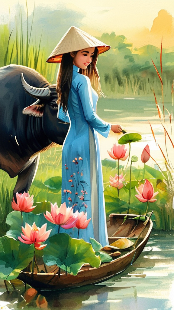 Prompt: A watercolor illustration a young happy cute Vietnamese woman dressed in traditional outfit called áo dài  rowing a little wooden boat picking the lotus flower in a beautiful sunrise moment . Add a water  buffalo taking a bath in the water.