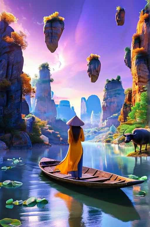 Prompt: A wide angle panoramic view of a vibrant breathtaking epic scene of  floating giant rocks.  a young happy cute Vietnamese woman dressed in traditional outfit called áo dài  rowing a little wooden boat picking the lotus flower in a beautiful sunrise moment on the rock. . Add a water  buffalo resting on the rock looking at the viewer. . The setting is on a floating giant rock as seen in the movie Pandora. Background consists of several floating giant rocks suspended in the vibrant purple , blue sky. Dreamy and fantasy , cosmic and ethereal.