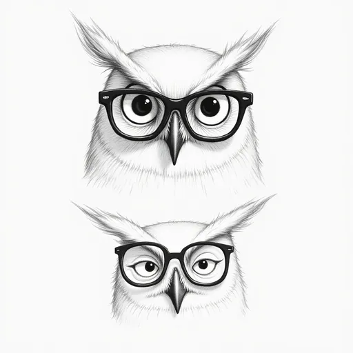 Prompt: a drawing of a owl with glasses on it's face and a pencil drawing of a owl's face, Edward Lear, new objectivity, concept design art, concept art