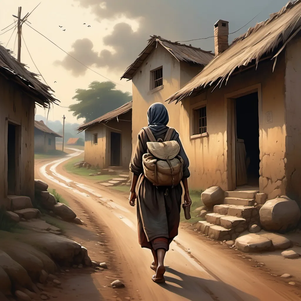 Prompt: (village background), poor woman walking, mud road, (stick in her hand), (backpack hanging from her shoulder), warm muted colors, realistic details of the village, (simple rustic houses), atmospheric sky, soft sunlight casting shadows, portraying a grim yet resilient mood, ultra-detailed, evocative of the daily struggles and perseverance of rural life.