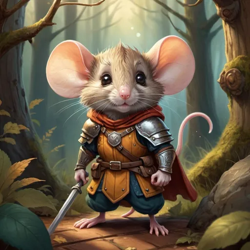 Prompt: High-res illustration of a brave mouse, cute and determined expression, detailed fur with warm tones, heroic stance, fantasy art style, vibrant and warm color palette, magical forest setting, intricate details on armor and weapon, best quality, highres, ultra-detailed, fantasy, cute and brave, warm tones, magical forest, detailed fur, heroic stance, vibrant colors, fantasy art style