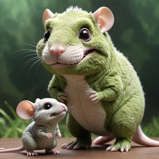 Prompt: A very cute, fluffy little mouse and a huge, but gentle-looking, green T. rex have become best friends.
Their sizes are very different.