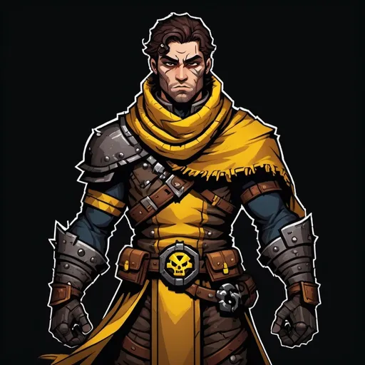 Prompt: Style Pixel art
Style darkest dungeon 
Fantasy character art of man in  dark brown hair, with adark yellow scarf, in intricate light armor plating, imposing and powerful stance, high quality, fantasy, detailed scales, epic pose, professional, atmospheric lighting, fantasy style, D&D game style, 
Style Pixel art
Style darkest dungeon 
REFERENCE Cyclops X-Men



