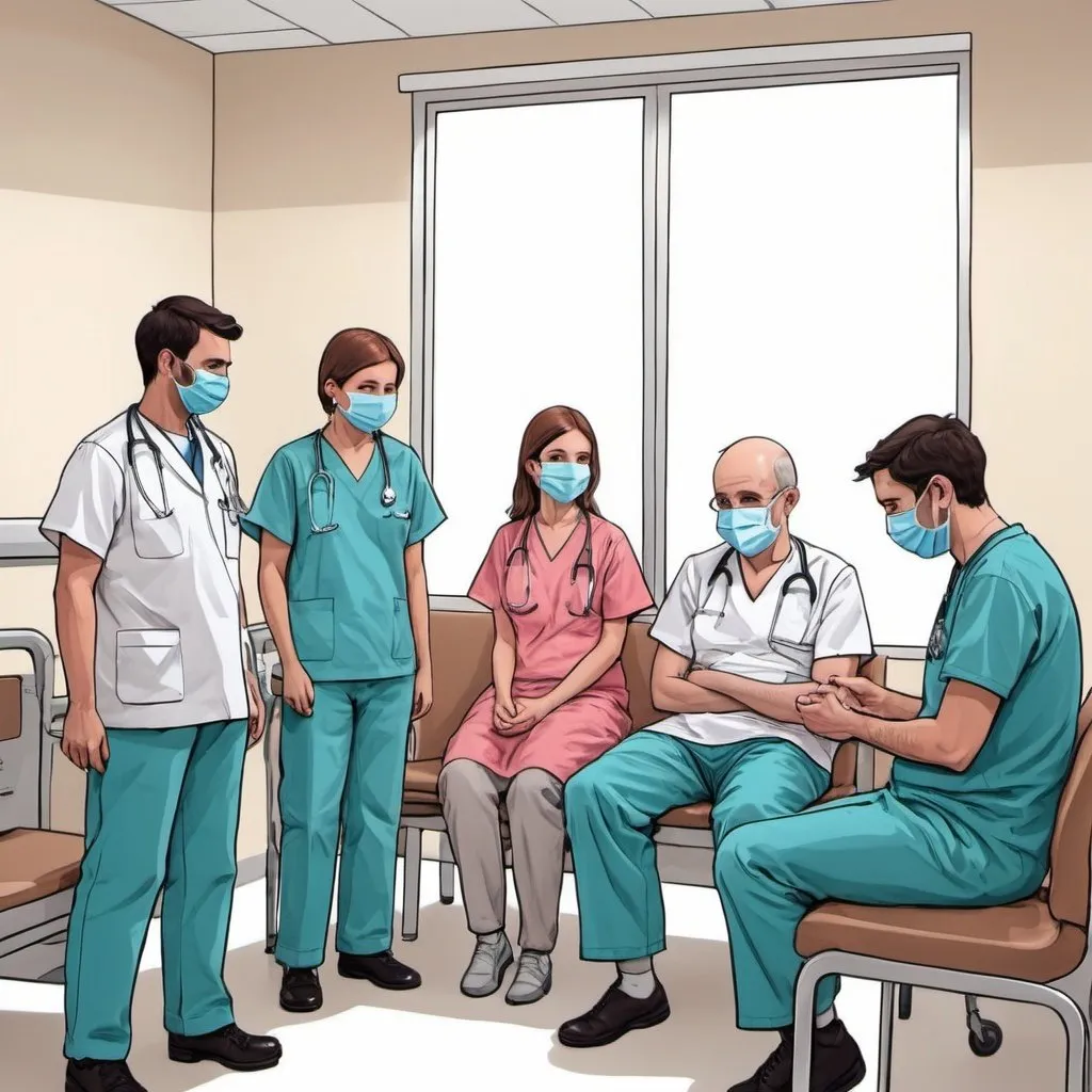 Prompt: Un grupo de amigos (alrededor de 4-5 personas) está sentado en la sala de espera del hospital.
Algunos están sentados, con la cabeza entre las manos, mostrando preocupación.


como un dibujo simple hecho de un humano
