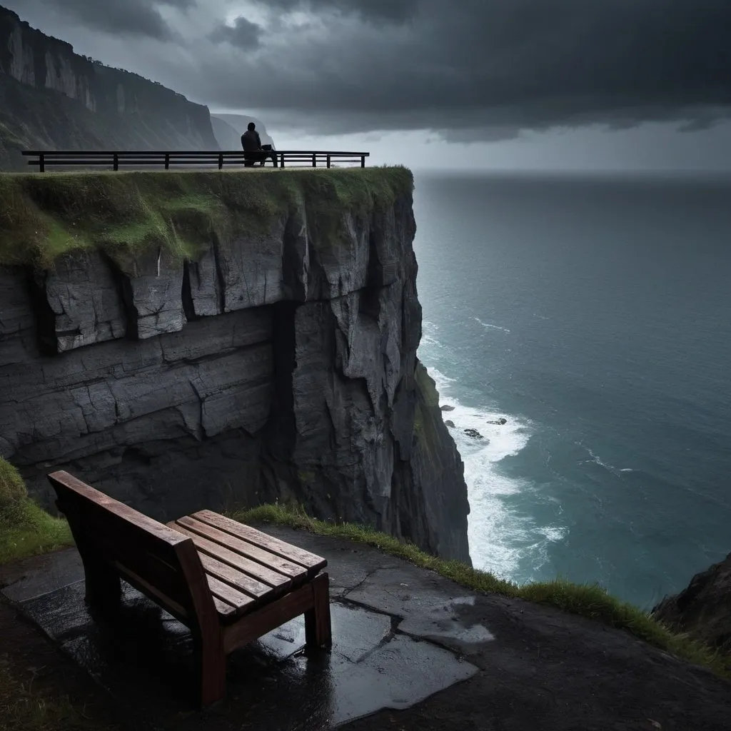Prompt: a place that is dark yet very relaxing with a bench on the side and on top of a beautiful cliff with a nice view and its raining and sitting with your loved ones
