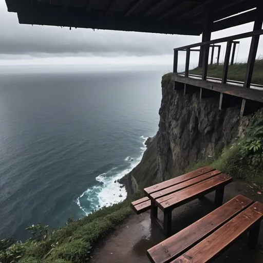 Prompt: a place that is very very very dark yet very relaxing  and calming with a bench on the side and on top of a beautiful very high in the sky cliff with a nice view and its raining and sitting with your loved ones, and there is a nice ocean down that very high cliff
