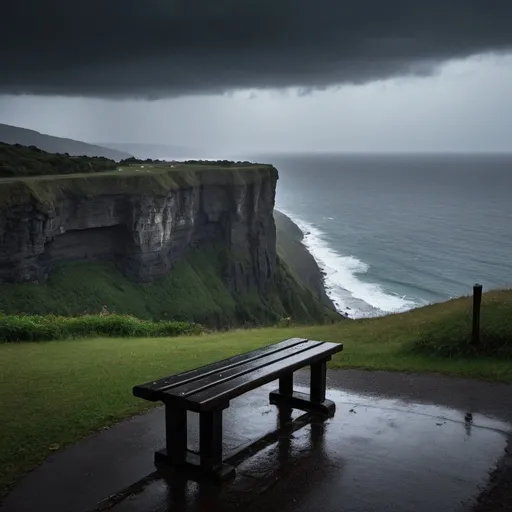 Prompt: a place that is dark yet very relaxing with a bench on the side and on top of a beautiful cliff with a nice view and its raining
