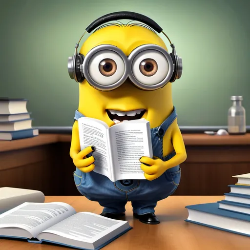 Prompt: minion studying medicine book and it listens to your class