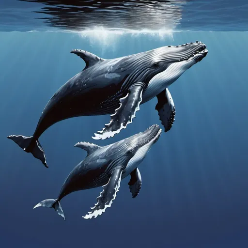 Prompt: vector image of humpback whale with calf swimming upward