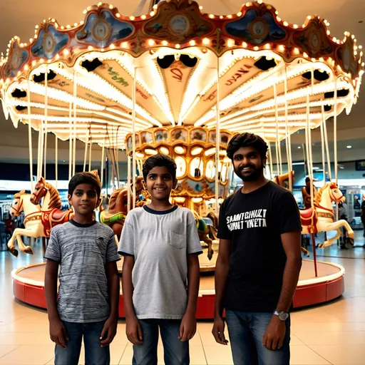 Prompt: a man and a boy standing in front of a carousel at a mall with lights on it's ceiling, Anthony Devas, samikshavad, jayison devadas, a photocopy