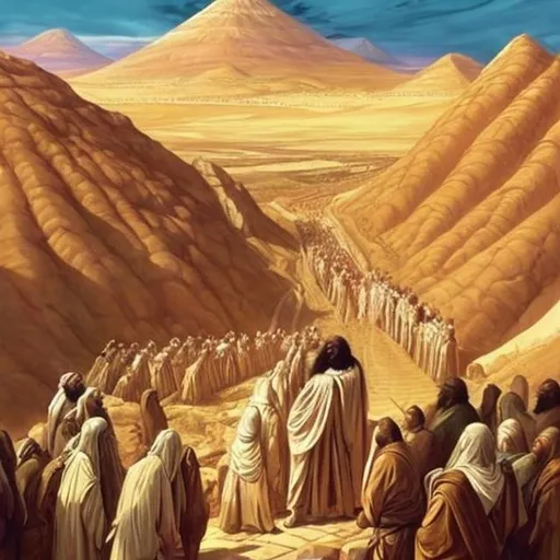 Prompt: Please create a painting of Moses from the bible where he lead the people of Israel thru the desert from egypt to the holy land. The painting should be written "let my designers go"

the people shuld be in a long line thru the horizon

Moses the savior shuld be at the center of the image
