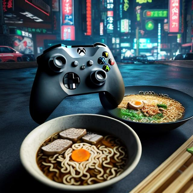 Prompt: An xbox controller and ramen in one single image on a cyberpunk setting