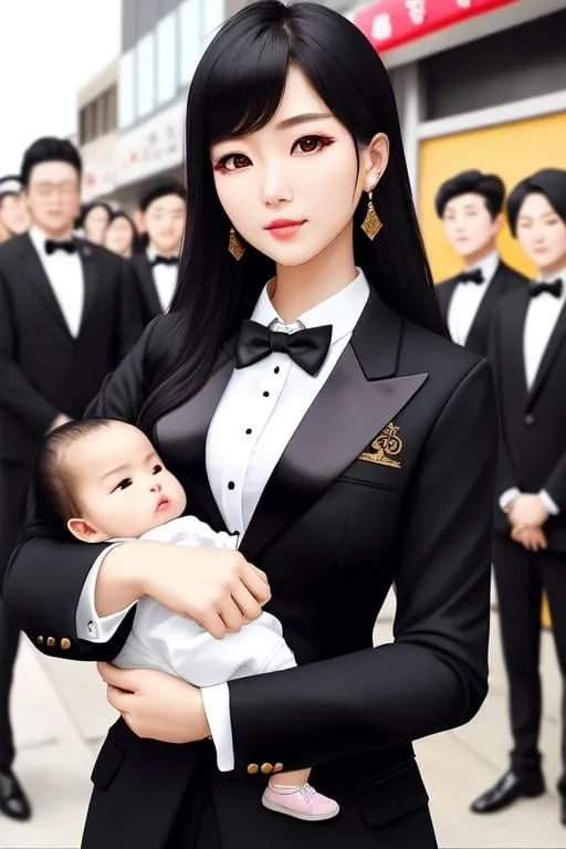 Prompt: beautiful Korean girl, Age=22,  a skin-tight tuxedo, wearing only a gold black coat, blue long hairs in,  office outfit, rough female Mafia Boss with the gang members in the background, fantasy, tough, rugged, rough, ((holding a cute  baby girl,)) with the ((gang 50 members with guns in the background)), West Chicago with bright red gloss lips, rosy cheeks, red lips, auburn brown hair,  soft skin, soft lighting, nice eyes, perfect body, coloured hair, symmetrical, full body, hyperrealistic, super careful, tulip, in your hand, highly detailed, digital