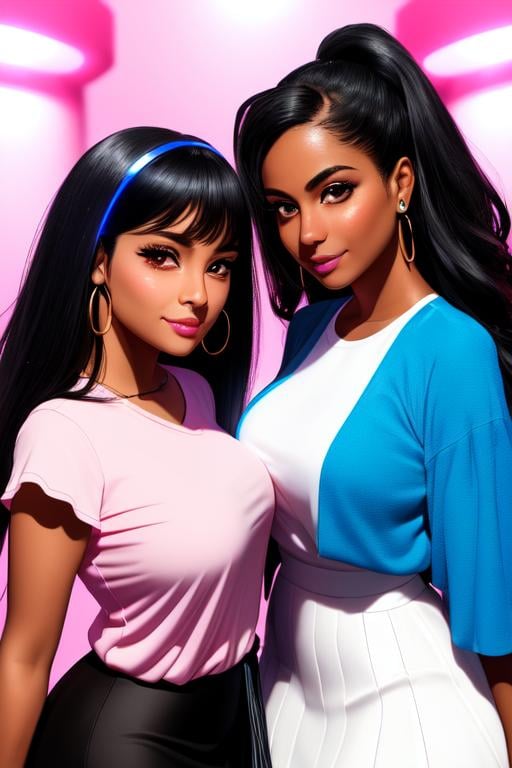 Prompt:  A portrait of a gorgeous , grim-looking, latino woman and  Black woman, ,black hair ,  wearing  white shirt and blue skirt ,  Posing,  next to each other (((show  hyperdetailed  wearing Pink Mini Dress, blonde hair, visible full body,beautiful blush on her cheek smiling face tears coming from her eyes, close arm, glowing vein, light particles scaltering around, pale skins,  The wind is blowing her hair, creating a sense of movement and drama, hyperdetailed intricatelydetailed, ((( panned out view of the character in black hood)))unreal engine, fantastical, intricate detail, splash screen, complementary colors, 8k, heavy strokes, splash arts, full height, full body, photograph nikon 50mm f3.6 soft lighting, high, wedding proposal,(((Pretty girl, perfect anatomy, centered, highly detailed,)) character sheet, artstation, concept art, smooth, sharp focus, illustration,intricate, elegant, 8K,cinematic, colorful background, concept art, dramatic lighting, high detail, highly detailed, hyper realistic, intricate, intricate sharp details,octane render, smooth, studio lighting, trending on artstation