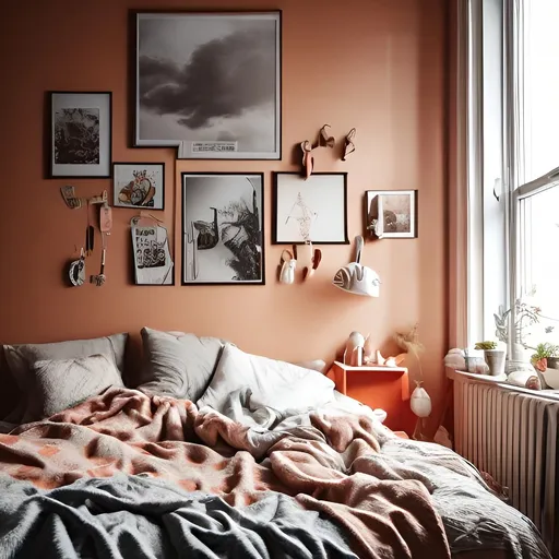 Prompt: bedroom small single bed angel, ((( Thunder Outside window))), comfy throw pillows,  books lying around, a sleeping tabby cat with eyes closed, glass windows, photorealistic,,  (((Stormy Weather))), Orange Wall
