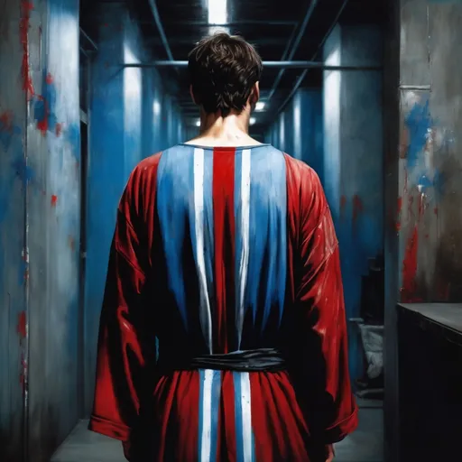 Prompt: Back of a young man in a long  garment, In ((big emtpy))) Dark warehouse a photorealistic painting, red eyes and blue eyes, with paint stripes on the wall 