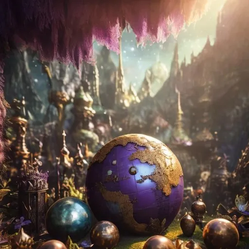 Prompt: Enchanted purple and brown  globe in the Fairyland Forest, Enchanting, Chic Modernist, Furry, close-up, textured, Faded, game icon, brilliant colours, surrealism, golden hour sun lighting, Hyperrealistic textures, intricate details, architectural visualization, Corona render, 8k