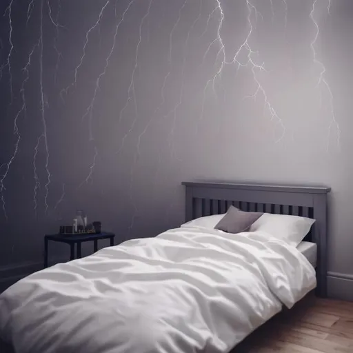 Prompt: bedroom small single bed angel, (((Rain and Thunder Outside)))