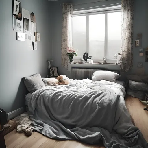 Prompt: bedroom small single bed angel, ((( Thunder Outside window))), comfy throw pillows,  books lying around, a sleeping tabby cat with eyes closed, glass windows, photorealistic,,  (((Stormy Weather)))