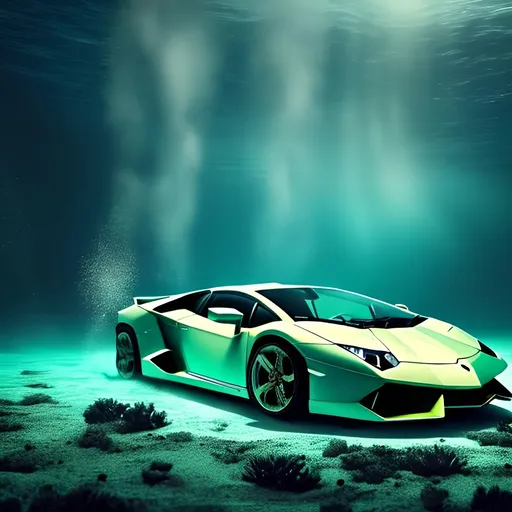 Prompt: Extra-wide angle full underwater 4k shot of a Lamborghini deeply submerged in water. Studio lighting, dark-cyan background, bubbles, particulate, futuristic, (((Lamborghini, floating on water, the night sky in the background)))