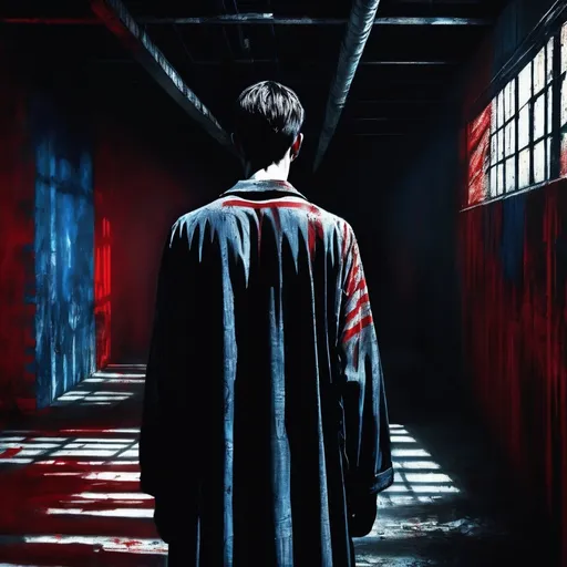 Prompt: Back of a young man in a long  garment, In big emtpy Dark warehouse a photorealistic painting, red eyes and blue eyes, with red paint stripes on the wall 